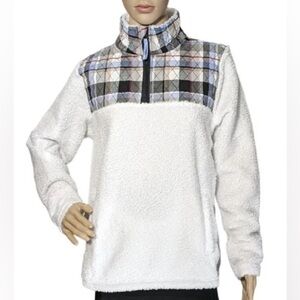 Vera Bradley Teddy Fleece Quarter Zip Sweatshirt Plaid Quilted Top White Sz 2XL